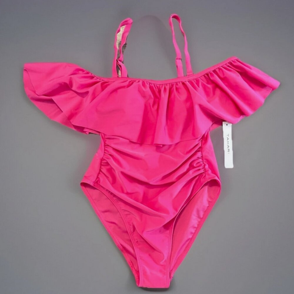 Tahari XS Swimsuit One Piece Off Shoulder Pink w opt. straps NWT